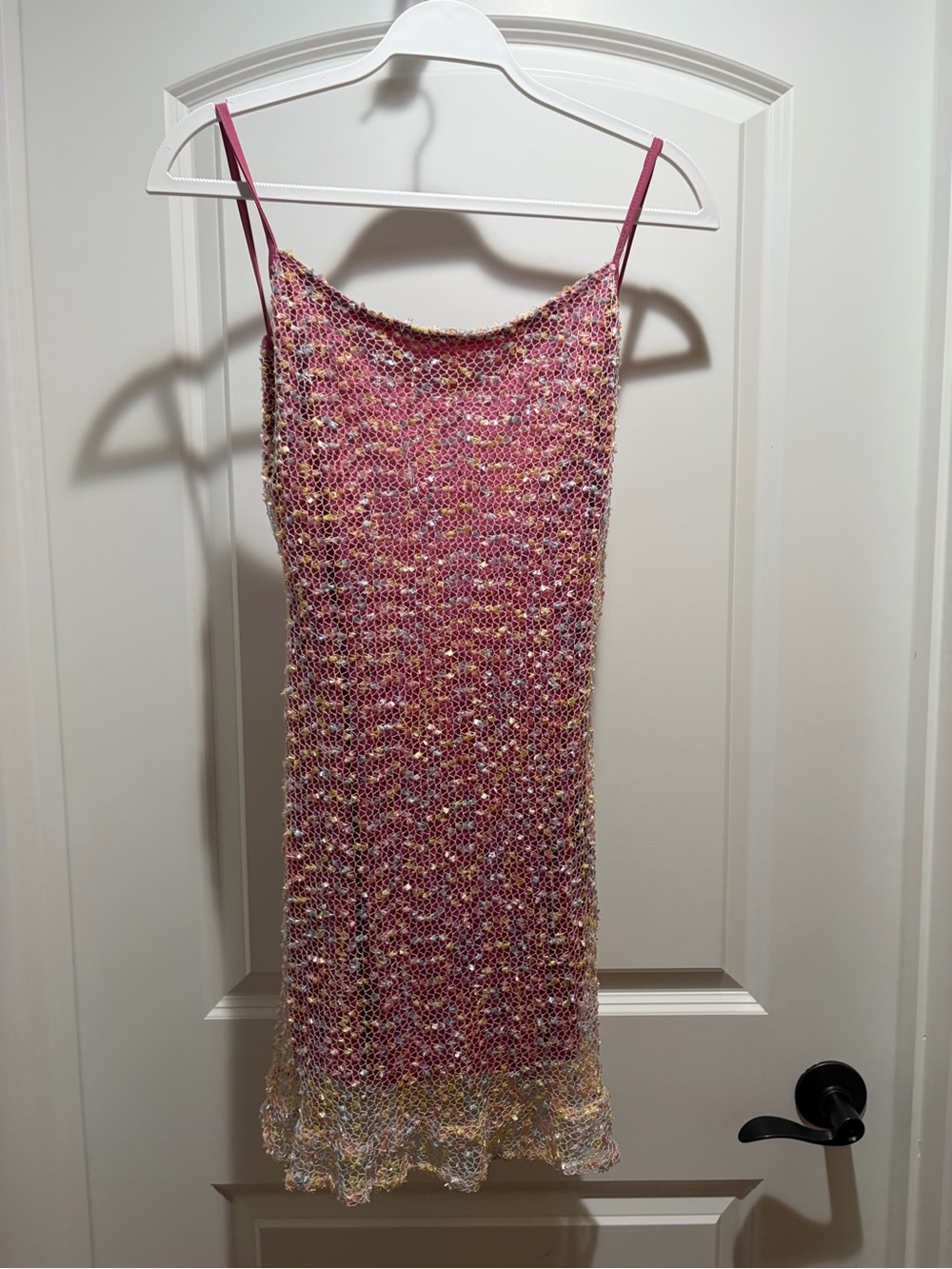 Pink Crochet Mini Slip Dress with Spaghetti Straps